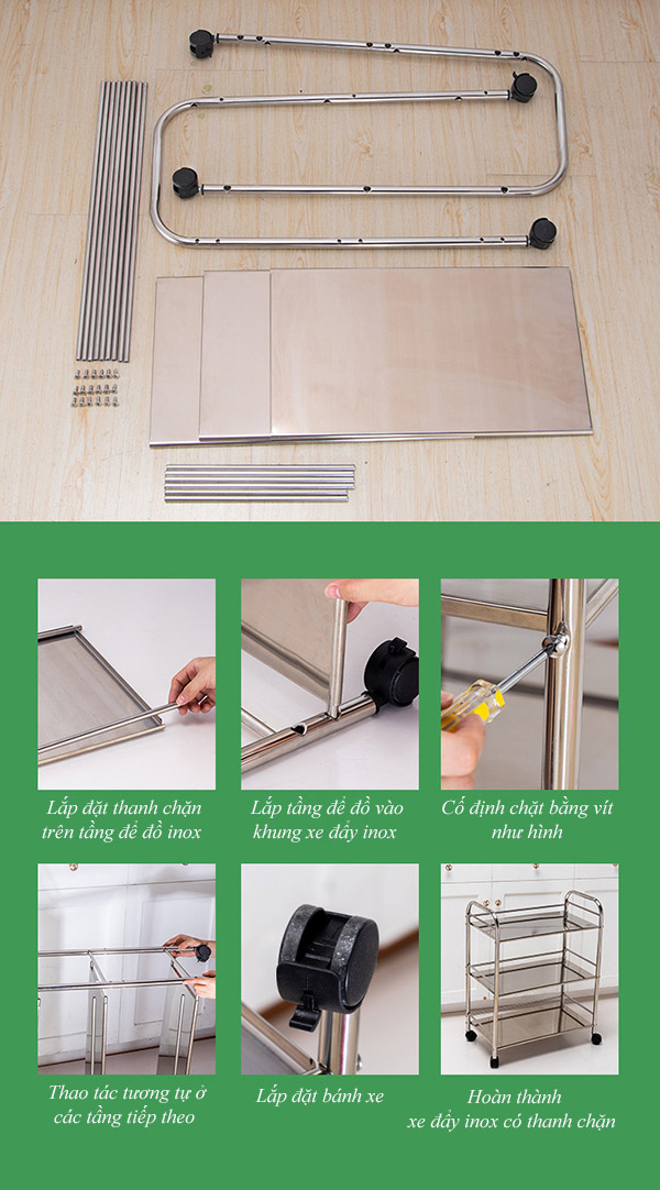 Hướng dẫn lắp đặt xe đẩy inox 3 tầng có thanh chặn
