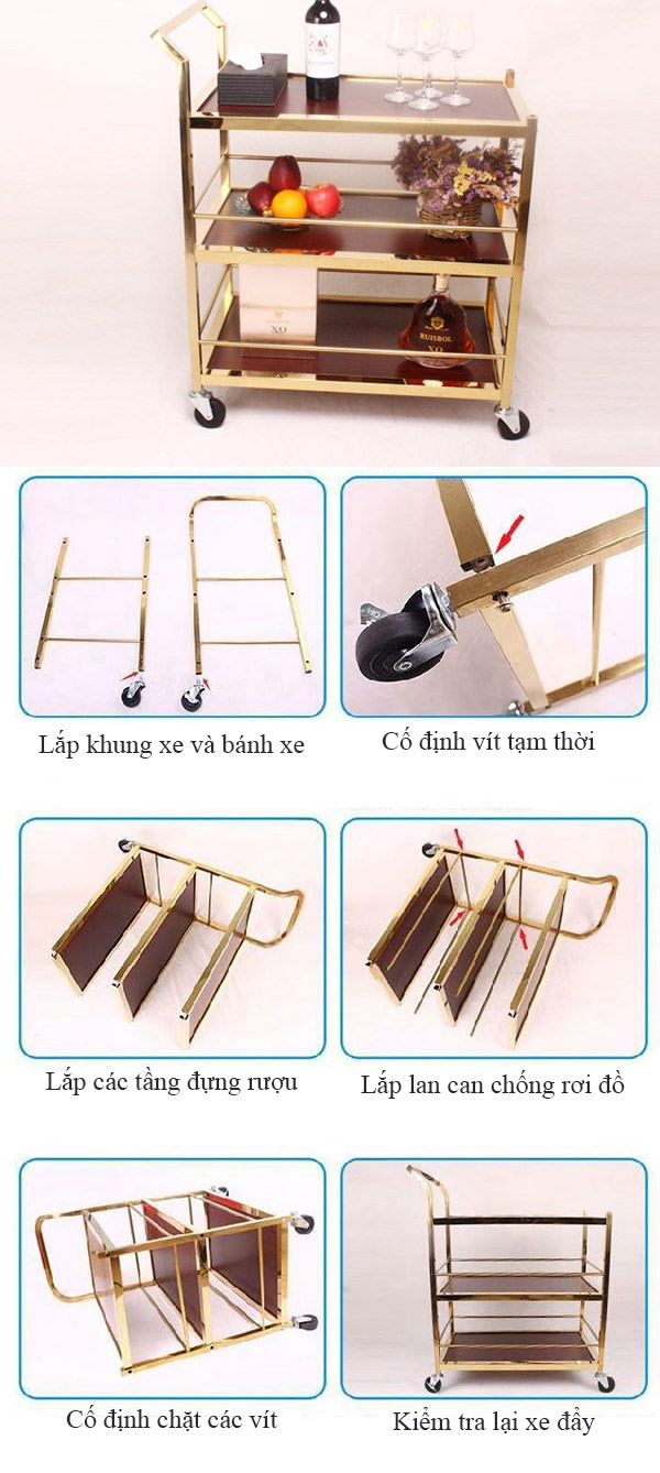 Chi tiết các bước lắp đặt xe đẩy rượu gỗ inox 3 tầng
