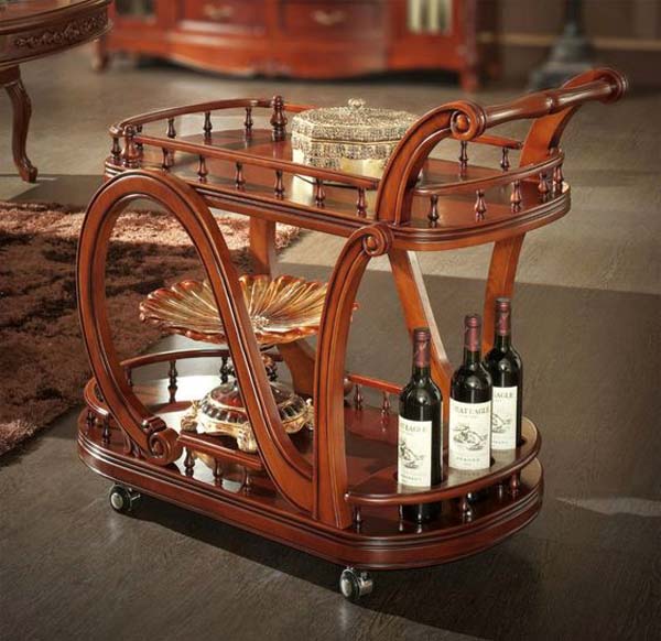 Mẫu xe đẩy rượu gỗ 2 tầng với hoa văn mềm mại, cuốn hút