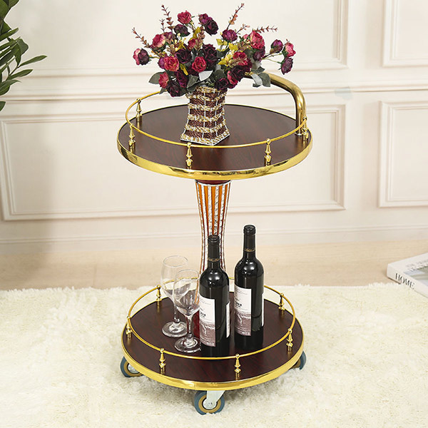 Mẫu xe đẩy rượu tròn bằng inox mạ vàng kết hợp gỗ công nghiệp