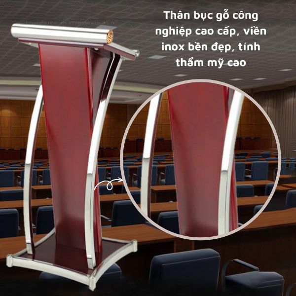 Thân bục phát biểu gỗ khung viền inox trắng cao cấp