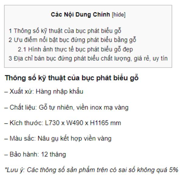 Chú ý các thông tin và thông số bục phát biểu