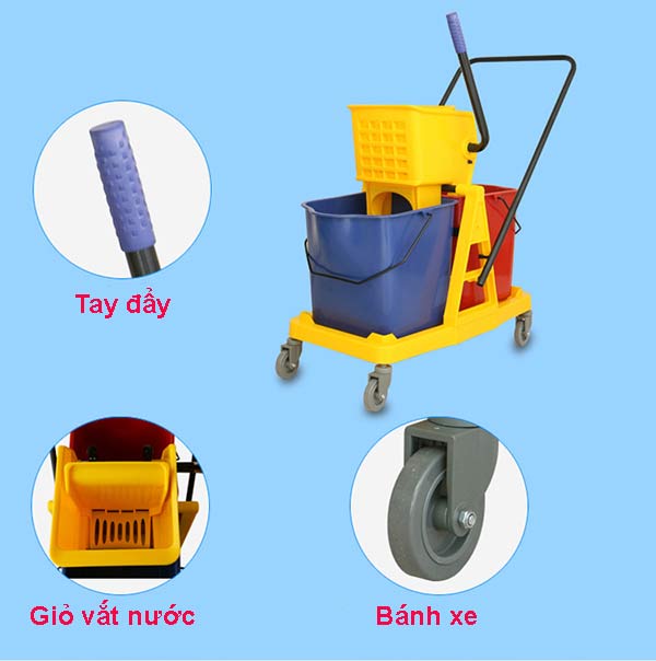 Các chi tiết quan trọng trên xe ép nước sàn nhà 2 xô