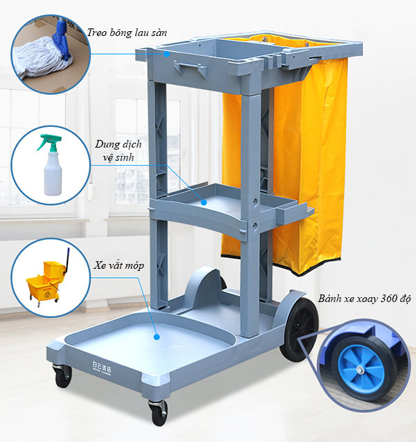 Bạn có thể tham khảo cách sắp xếp đồ trên xe làm vệ sinh chữ L sau