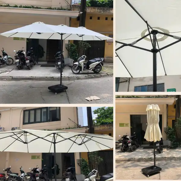 Lắp đặt dù che nắng 3 mái cỡ lớn màu trắng cho khách