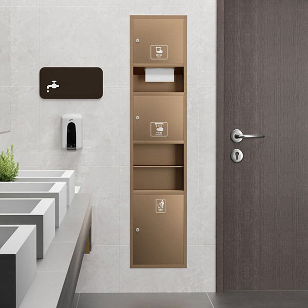 Thiết kế âm tường đa năng gồm hộp đựng giấy, máy sấy tay, thùng rác trong nhà vệ sinh