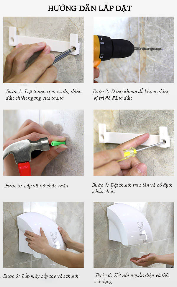 Thao tác lắp đặt máy sấy tay gắn tường rất đơn giản