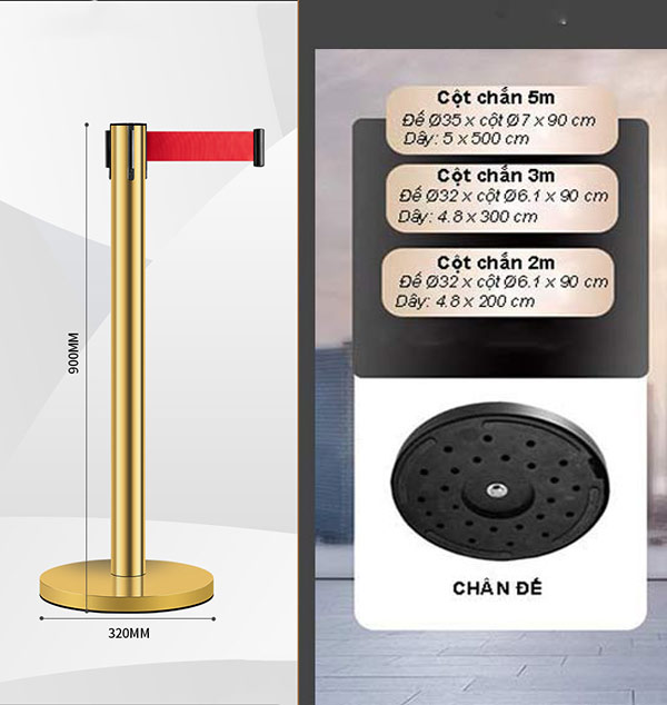 Chi tiết kích thước cột chắn inox mạ vàng