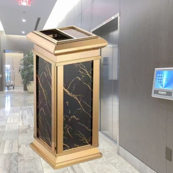 Mẫu thùng rác inox vàng kết hợp đá