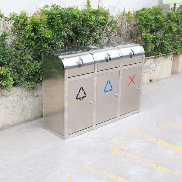 Thùng rác inox nắp đẩy 3 ngăn ngoài trời