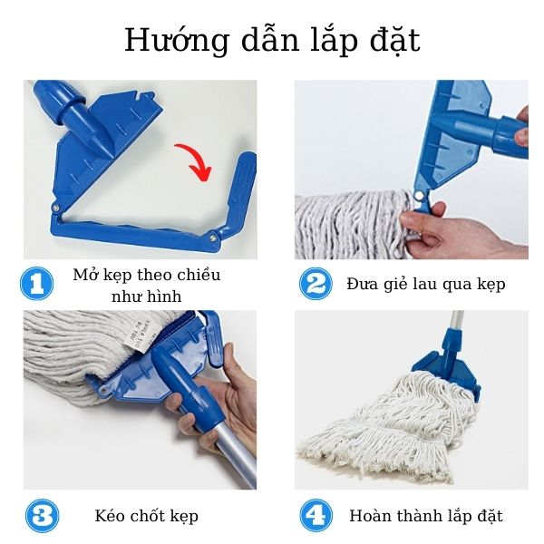 Thao tác lắp đặt kẹp với bông lau nhà