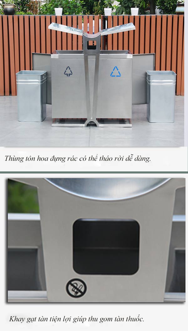 Thiết kế 2 ngăn đựng rác và có khay gạt tàn