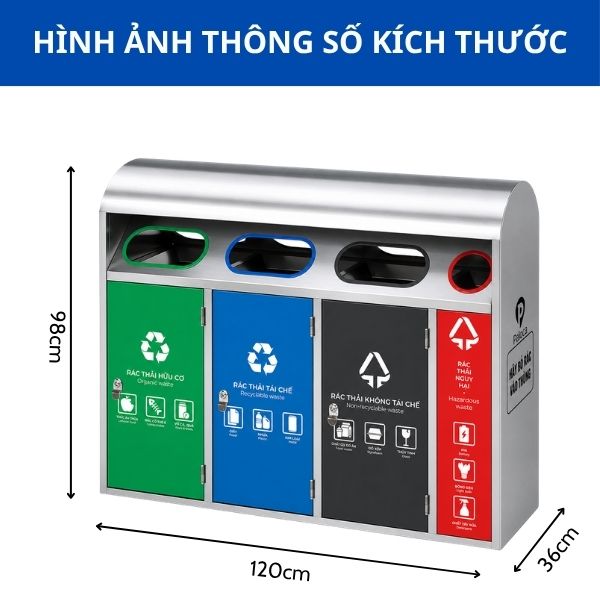 Thùng phân loại rác inox 4 ngăn có mái che