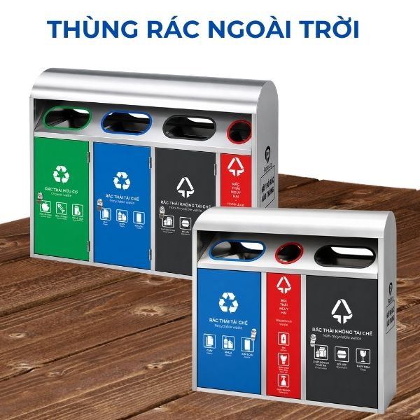 Thùng phân loại rác inox 4 ngăn, 3 ngăn có mái che