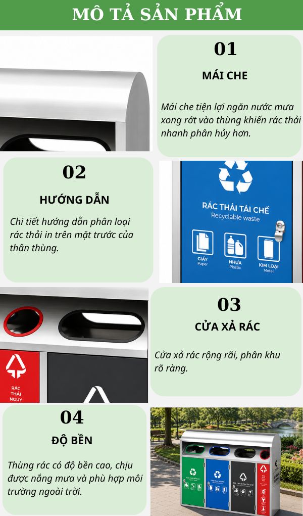 Thùng phân loại rác inox 4 ngăn có mái che