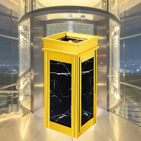 Thùng rác inox mạ vàng đá hoa cương đen