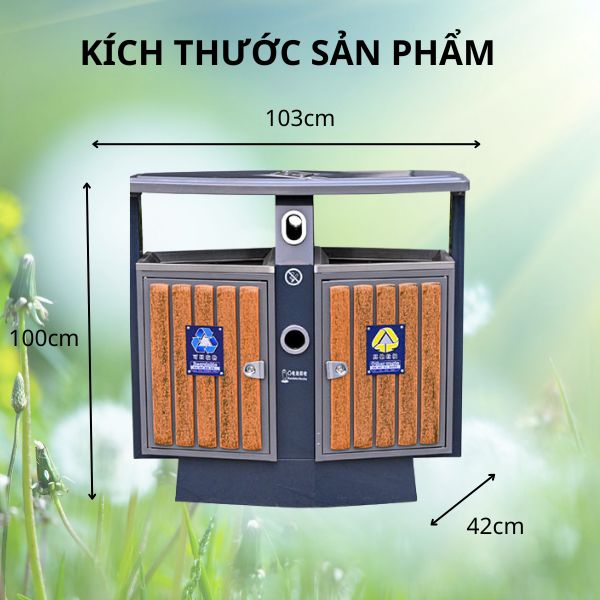 Chi tiết kích thước thùng rác gỗ nhựa đôi ngoài trời