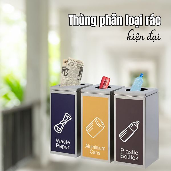 Thùng 3 ngăn phân loại rác hiện đại bằng inox