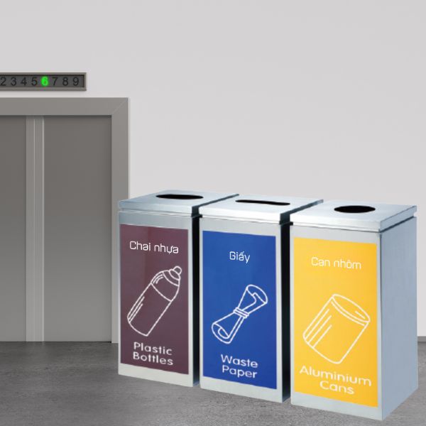 Thùng rác 3 ngăn sử dụng trong môi trường văn phòng, tòa nhà