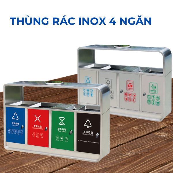 Thùng rác inox 4 ngăn phân loại rác thải