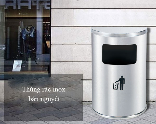 Mẫu thùng rác hình bán nguyệt bằng inox trắng