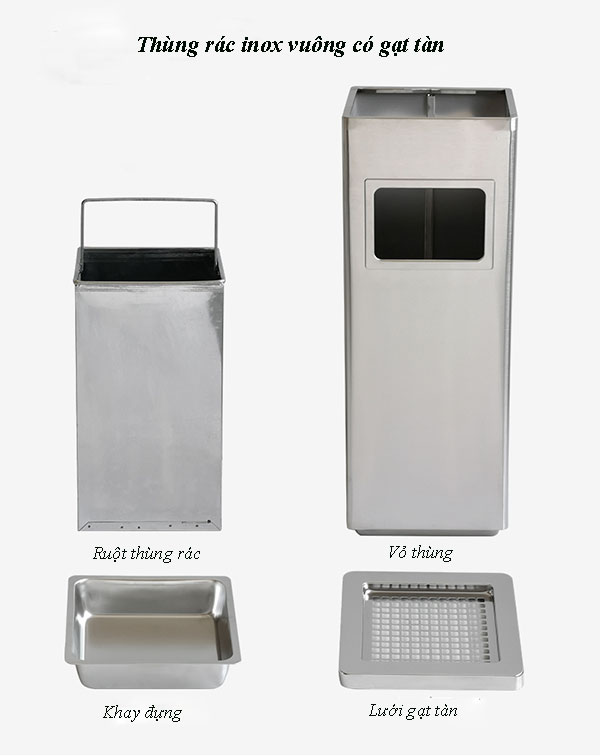 Chi tiết 2 lớp vỏ ngoài và thùng tôn hoa chứa rác bên trong