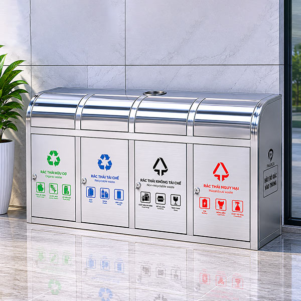Thùng rác nắp đẩy nhiều ngăn 4 ngăn inox