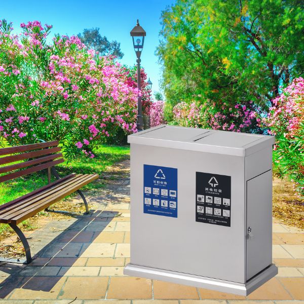 Thùng rác ngoài trời công viên bằng inox kết cấu 2 ngăn