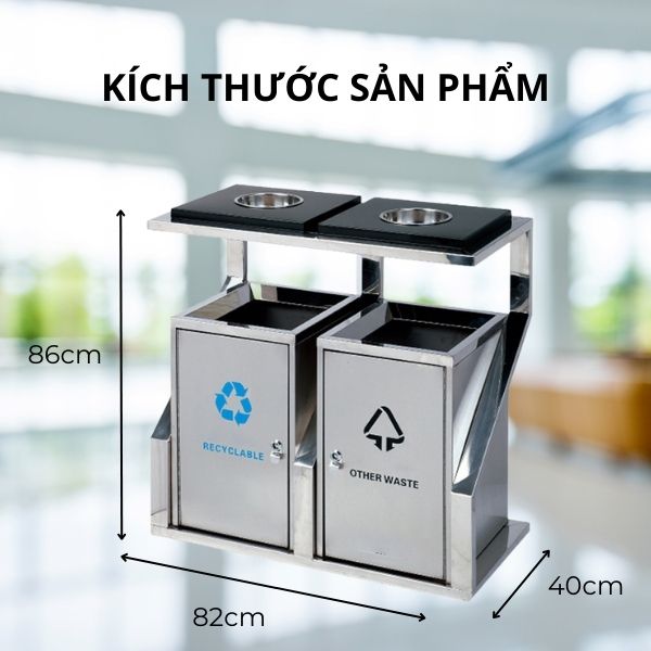 Chi tiết kích thước thùng rác 2 ngăn bằng inox