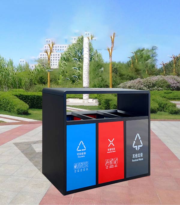 Thùng phân loại rác 3 ngăn bằng thép ngoài trời