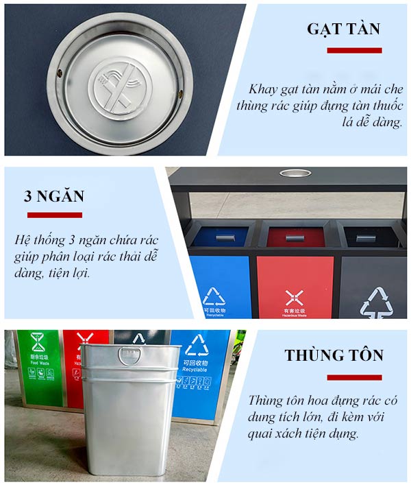 Tham khảo đặc điểm thùng rác ngoài trời kết cấu 3 ngăn