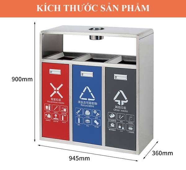 Chi tiết kích thước thùng rác inox phân loại 3 ngăn