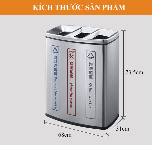 Kích thước thùng phân loại rác inox 3 ngăn