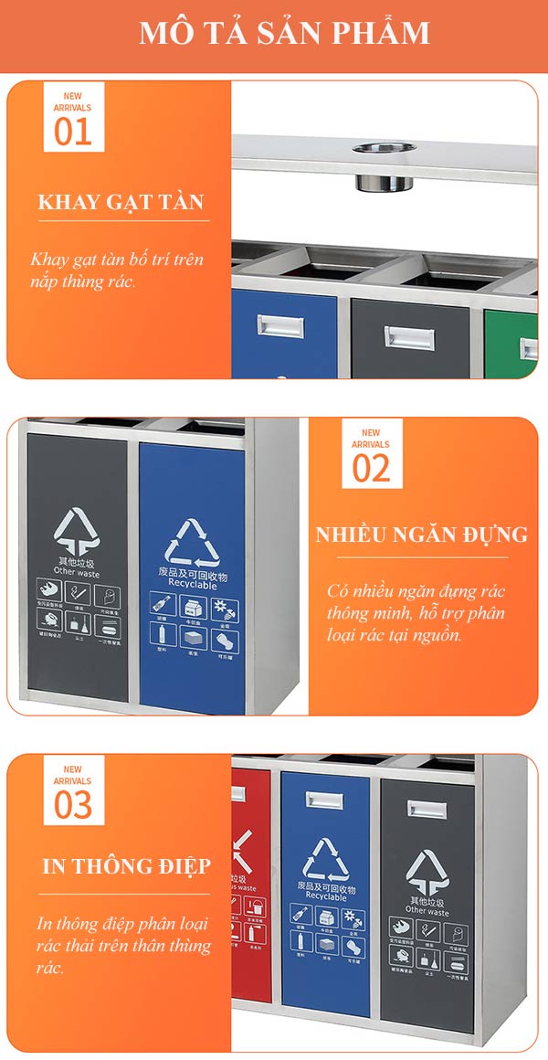 Đặc điểm cấu thành của mẫu thùng rác ngoài trời gạt tàn 4 ngăn
