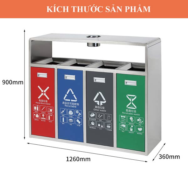 Chi tiết kích thước thùng đựng rác 4 ngăn có mái che