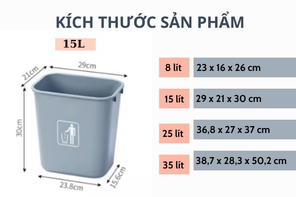 Thông số kích thước thùng rác không nắp sản xuất từ nhựa PP