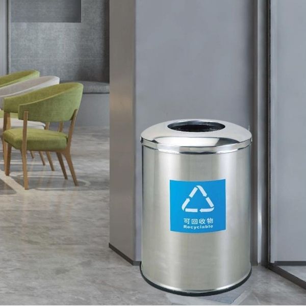 Thùng rác trunng tâm thương mại tròn bằng inox trắng