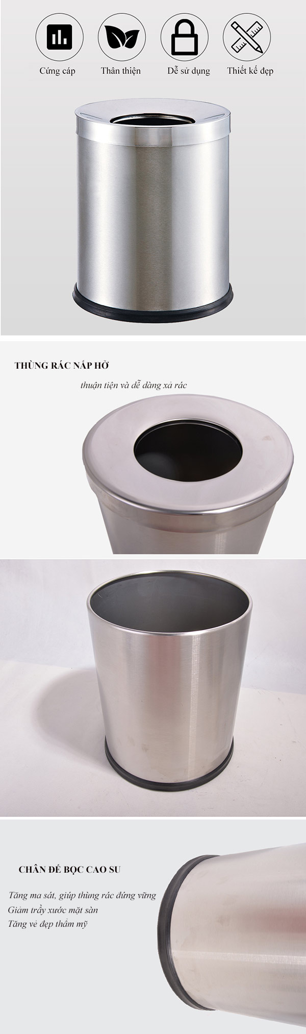 Thùng rác văn phòng inox màu trắng nắp hở