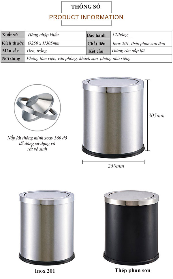 Tham khảo thông tin kích thước màu sắc thùng rác