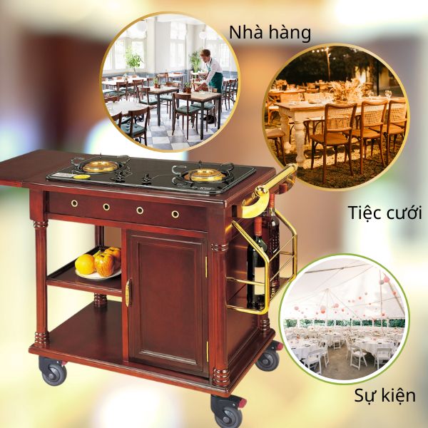 Mẫu xe đẩy phục vụ bàn dùng tại nhiều không gian sang trọng