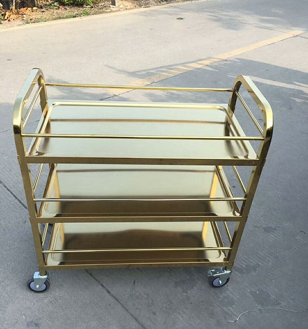 Hình ảnh chụp thật xe phục vụ rượu đồ ăn inox vàng tại kho