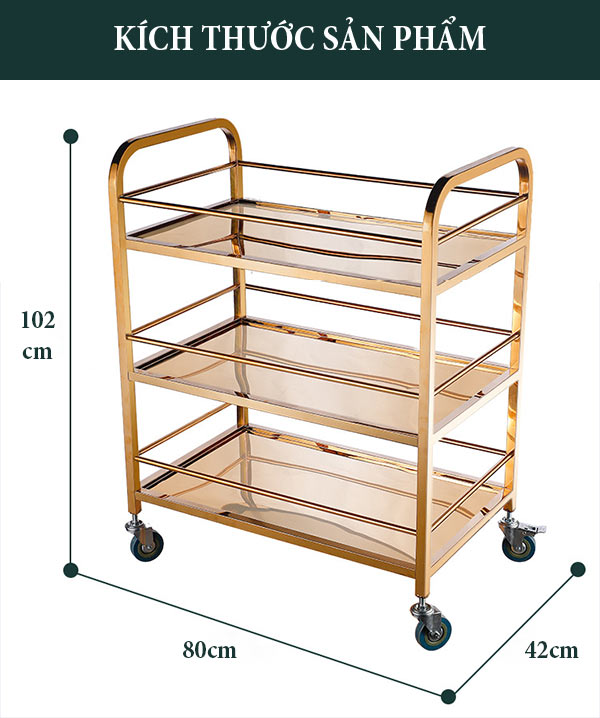 Kích thước xe đẩy inox vàng 3 tầng