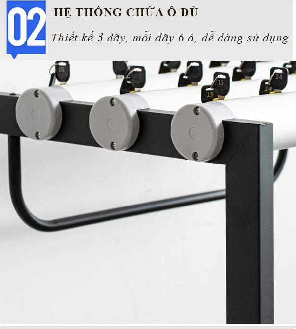3 dãy với 24 đầu cắm ô dù có khóa