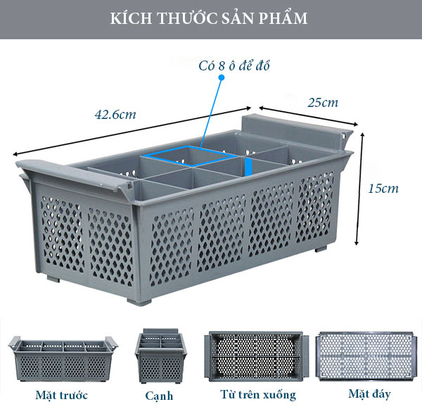 Tham khảo kích thước giỏ nhựa 8 ngăn