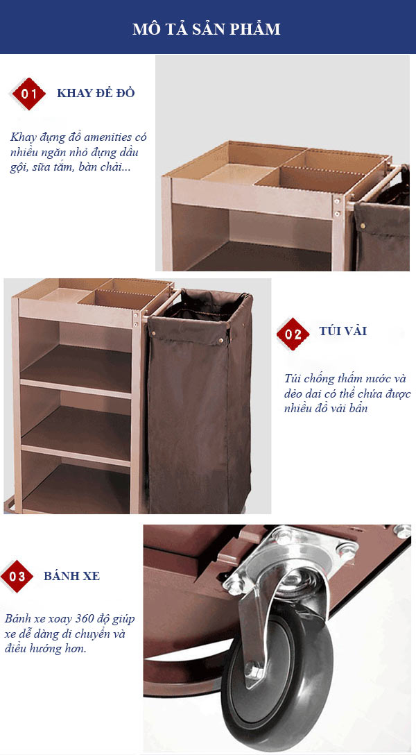 Chi tiết các đặc điểm từng bộ phận xe đẩy dọn phòng nhỏ