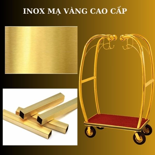 Chất liệu inox mạ vàng bóng mịn tạo sự sang trọng cho khung xe đẩy hành lý