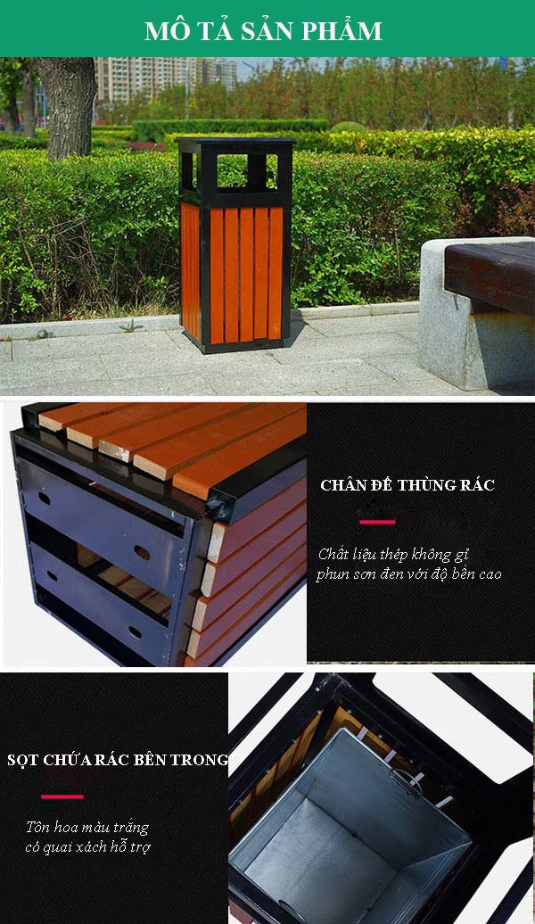 Mô tả kỹ hơn các đặc điểm của thùng rác gỗ ngoài trời