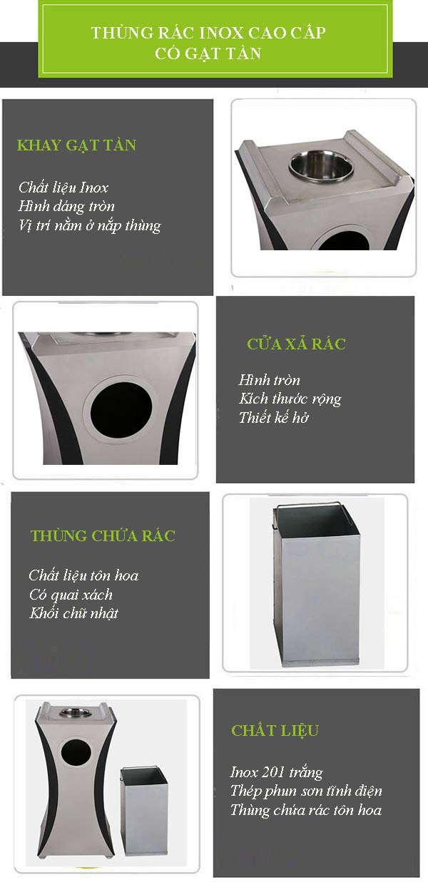 Đặc điểm chi tiết của thùng rác inox gạt tàn để sảnh đón tiếp
