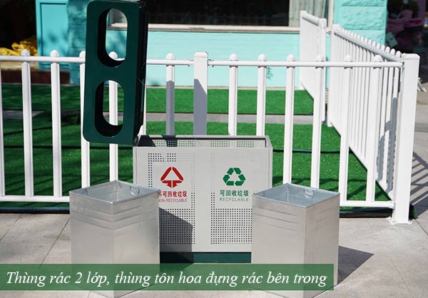 Thùng rác đôi với 2 thùng tôn hoa đựng rác riêng