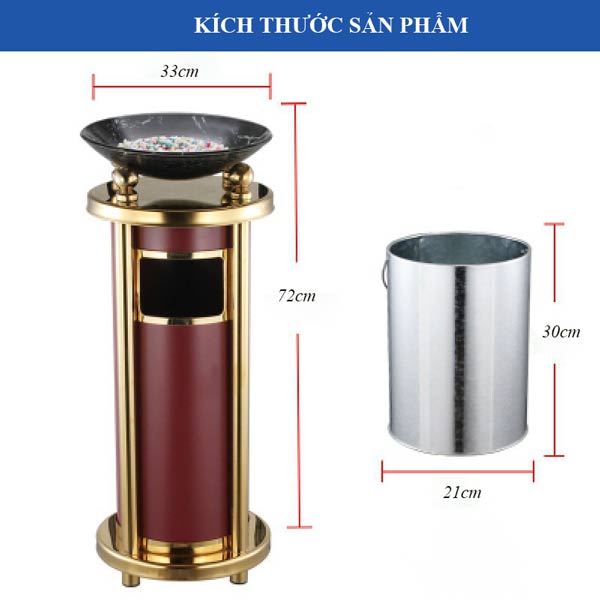 Kích thước thùng rác inox viền vàng trang trí
